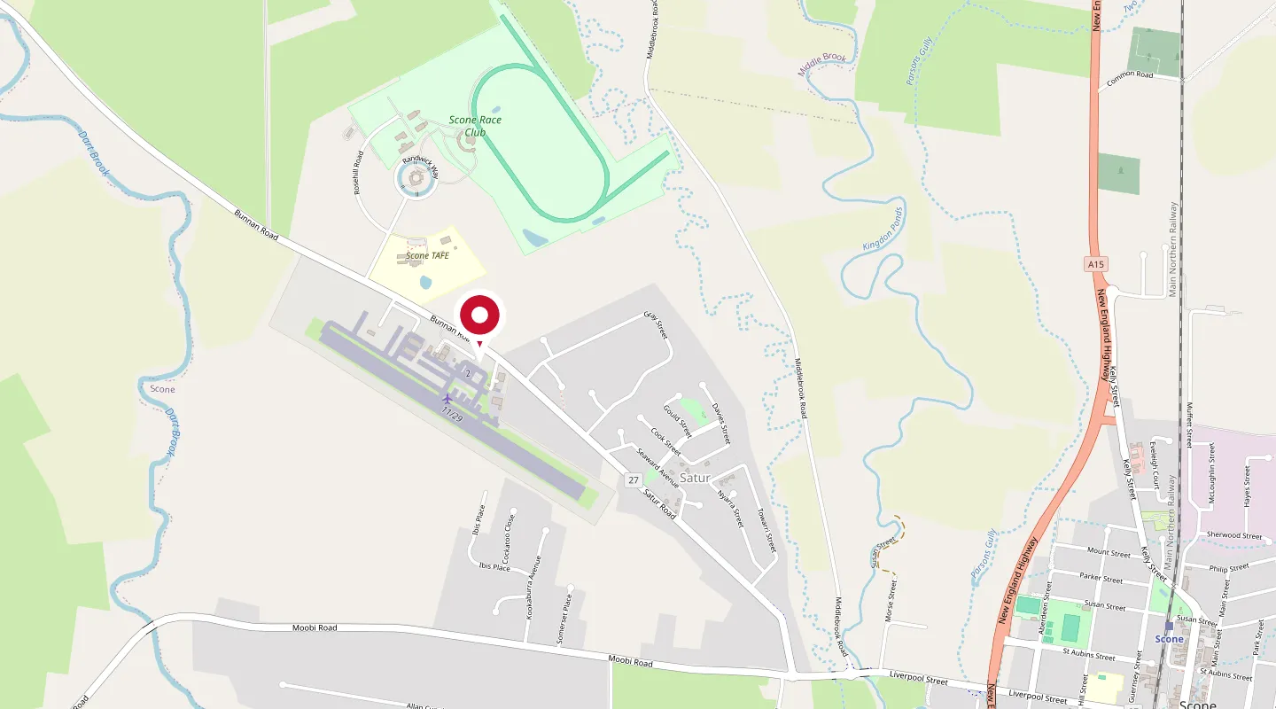 Map of Scone showing Hunter Warbirds Museum beside Scone Airport, west of the New England Highway